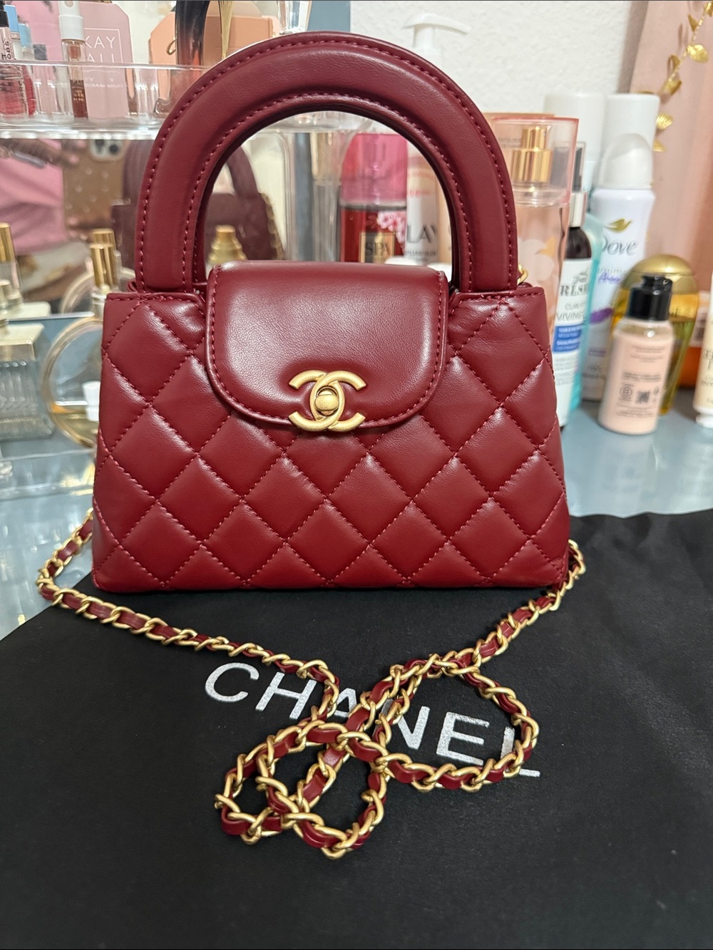 CHANEL Quilted Mini Top-Handle Bag in Deep Red with Gold Hardware